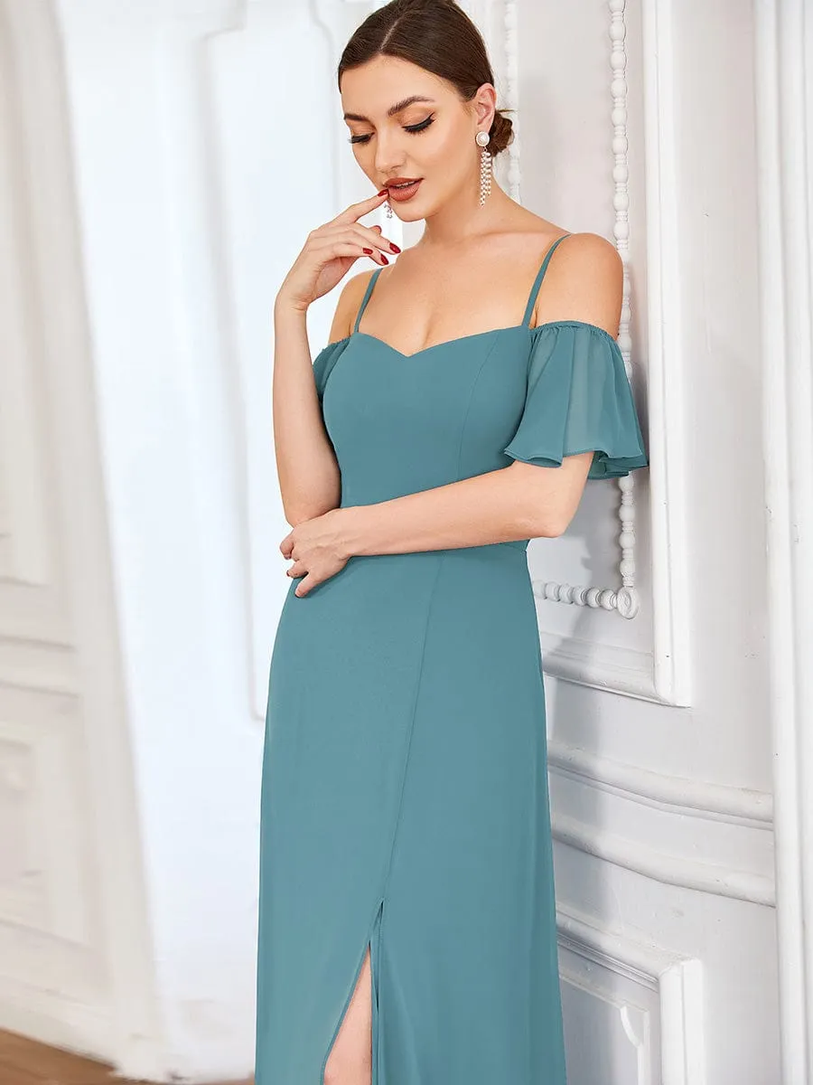 Cold Shoulder High Slit Chiffon Wedding Guest Dress