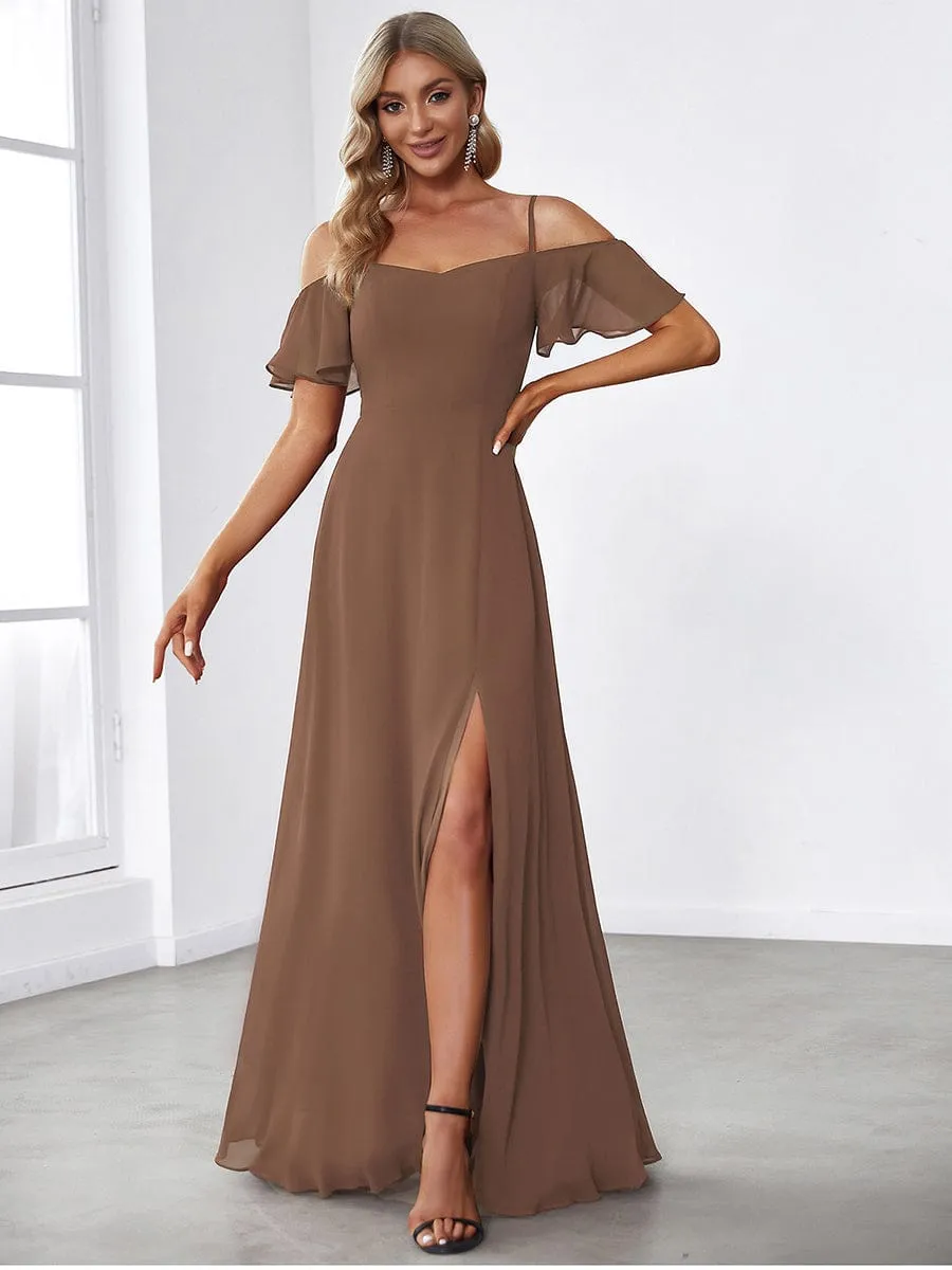 Cold Shoulder High Slit Chiffon Wedding Guest Dress