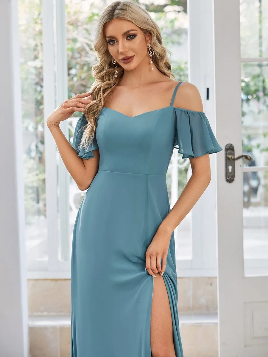 Cold Shoulder High Slit Chiffon Wedding Guest Dress