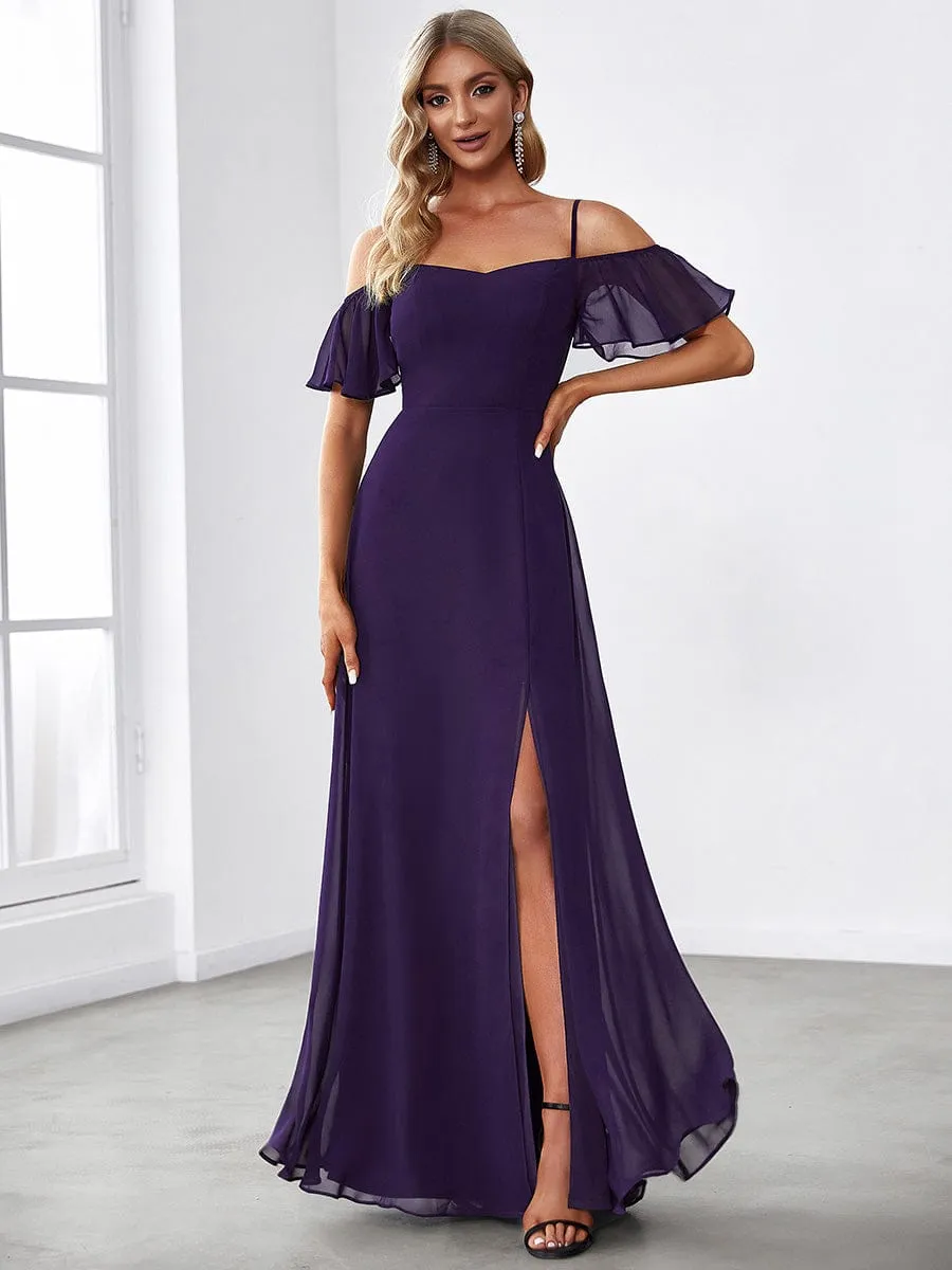 Cold Shoulder High Slit Chiffon Wedding Guest Dress