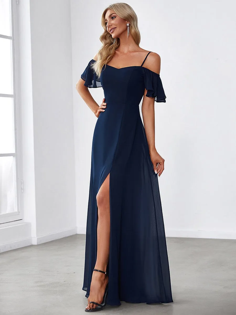 Cold Shoulder High Slit Chiffon Wedding Guest Dress