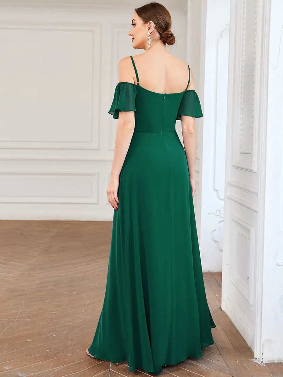 Cold Shoulder High Slit Chiffon Wedding Guest Dress