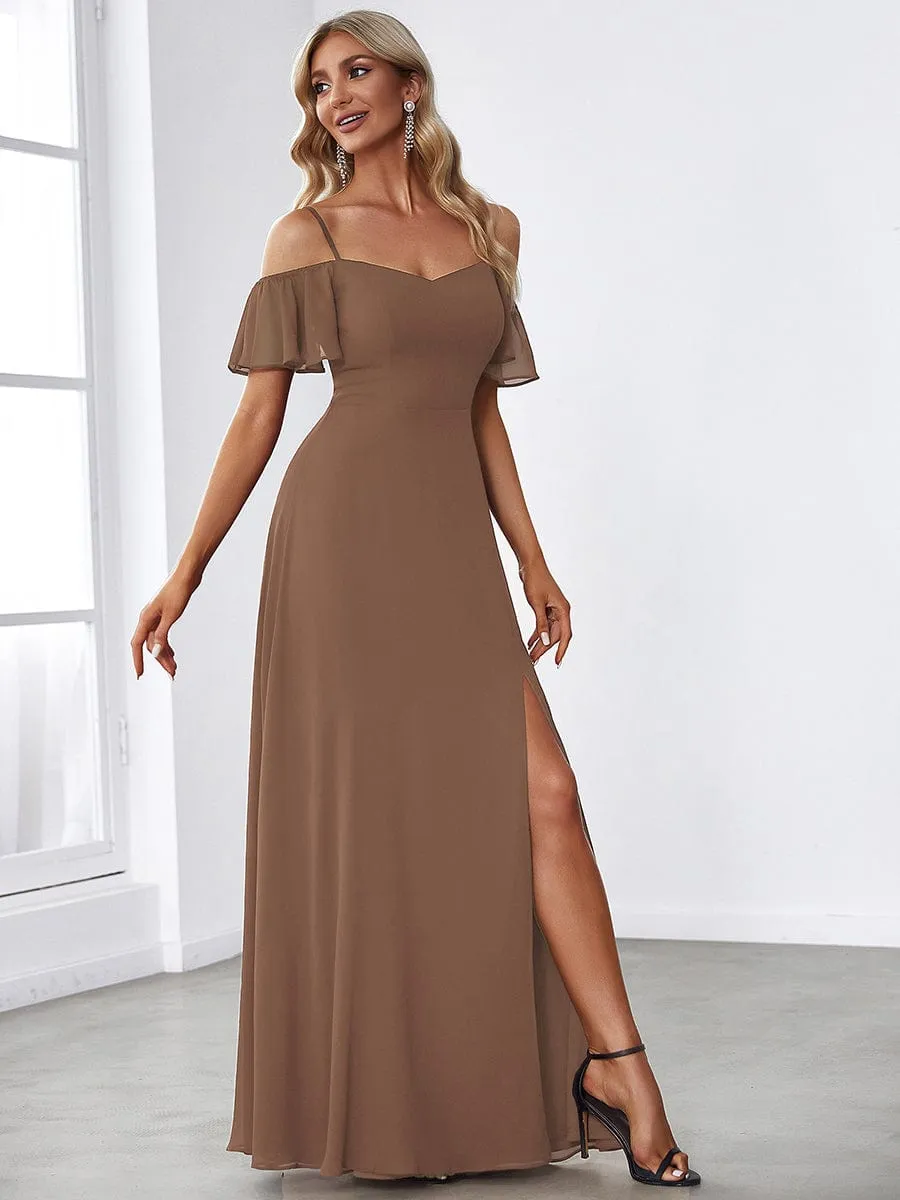 Cold Shoulder High Slit Chiffon Wedding Guest Dress