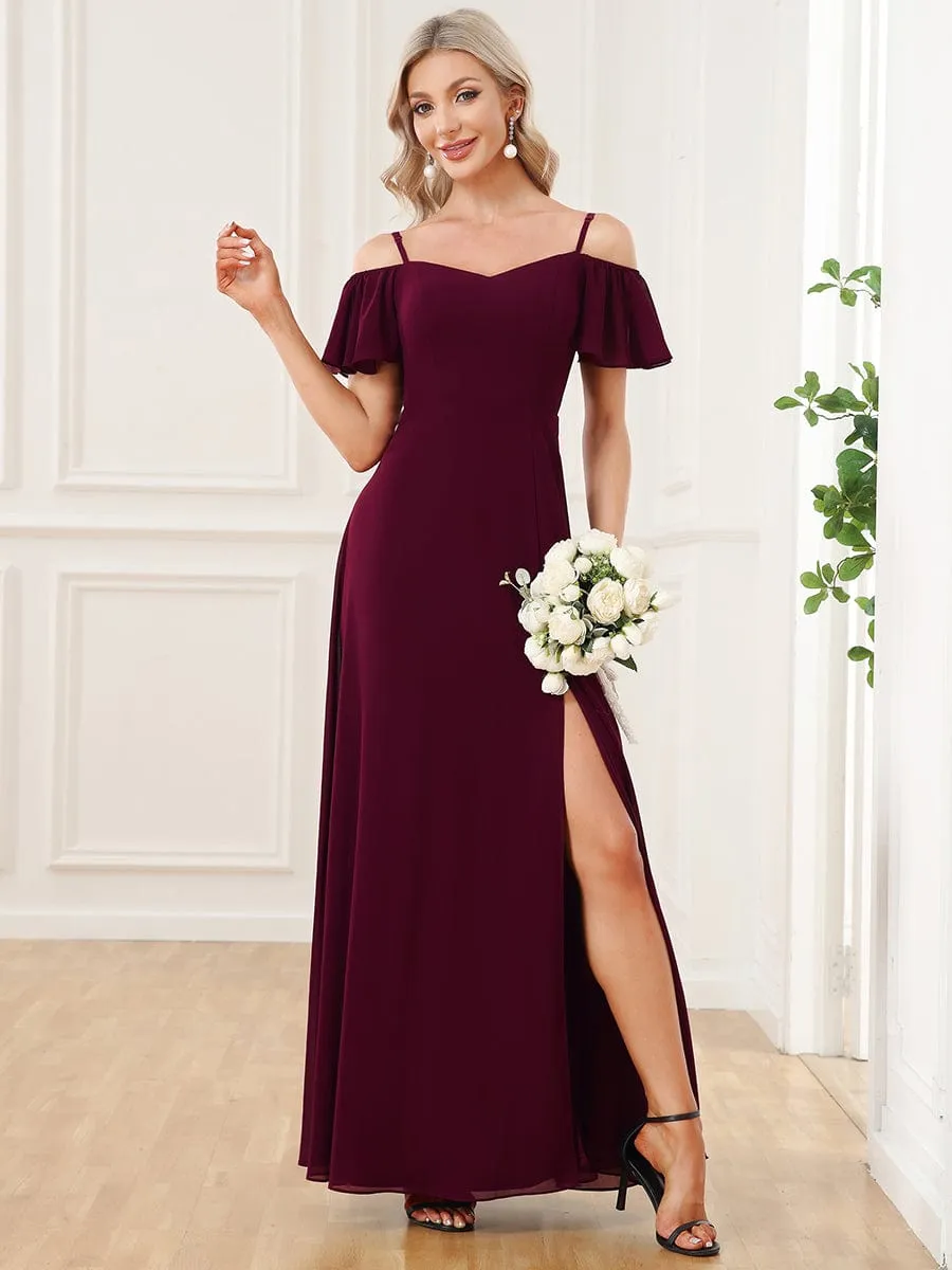 Cold Shoulder High Slit Chiffon Wedding Guest Dress