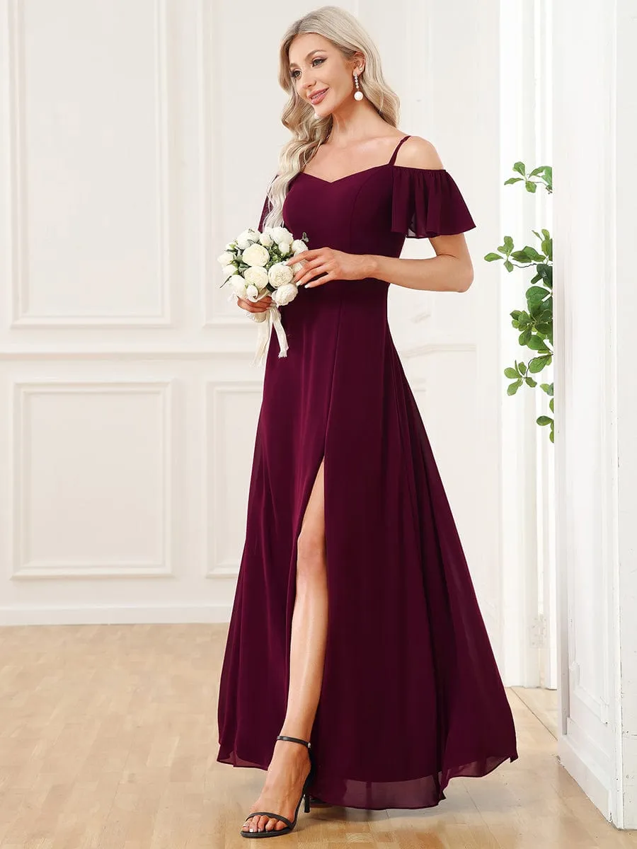 Cold Shoulder High Slit Chiffon Wedding Guest Dress