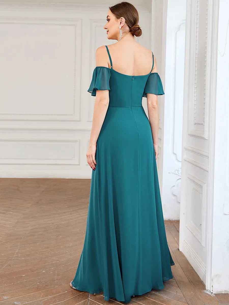 Cold Shoulder High Slit Chiffon Wedding Guest Dress