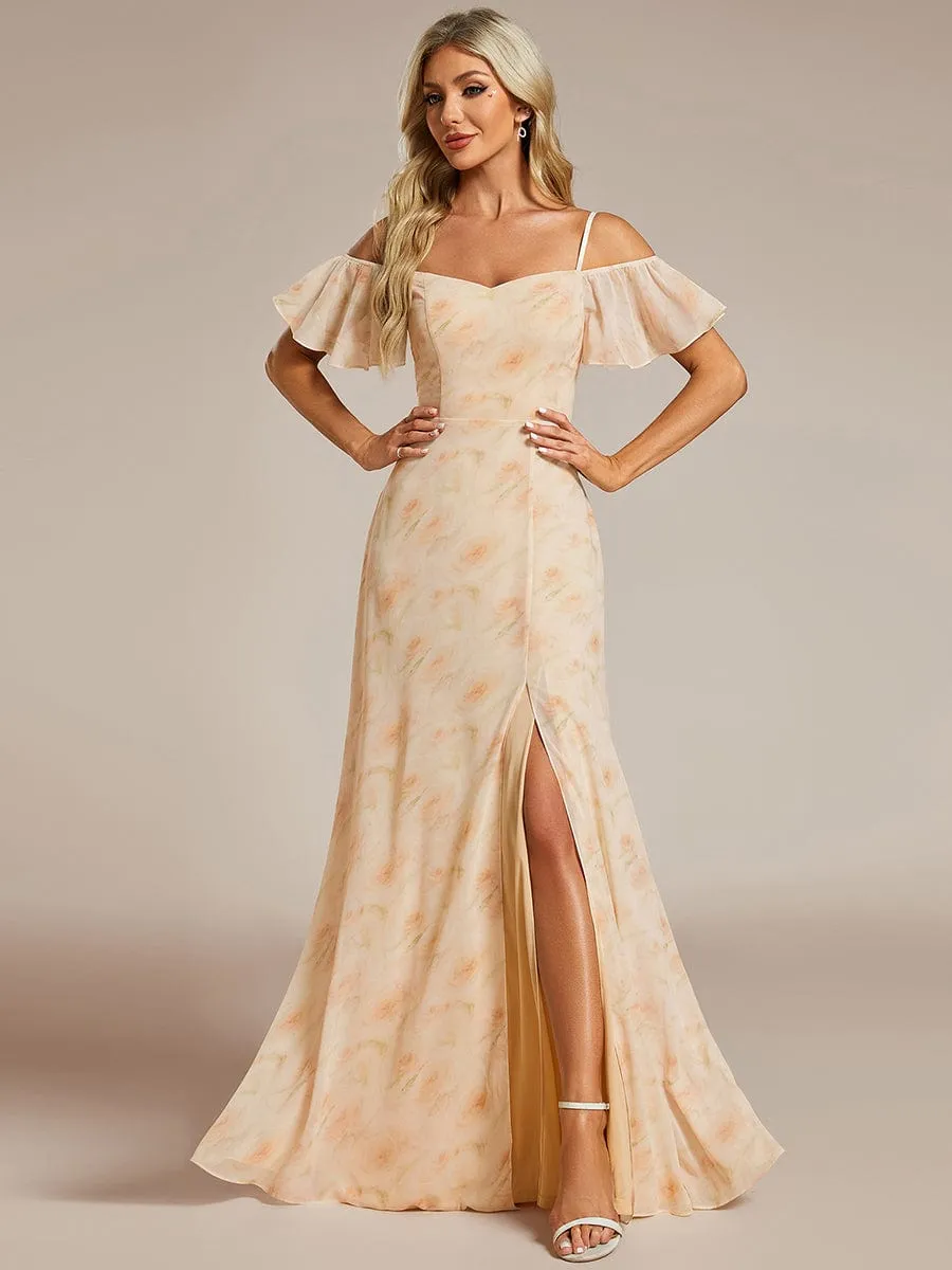 Cold Shoulder High Slit Chiffon Wedding Guest Dress