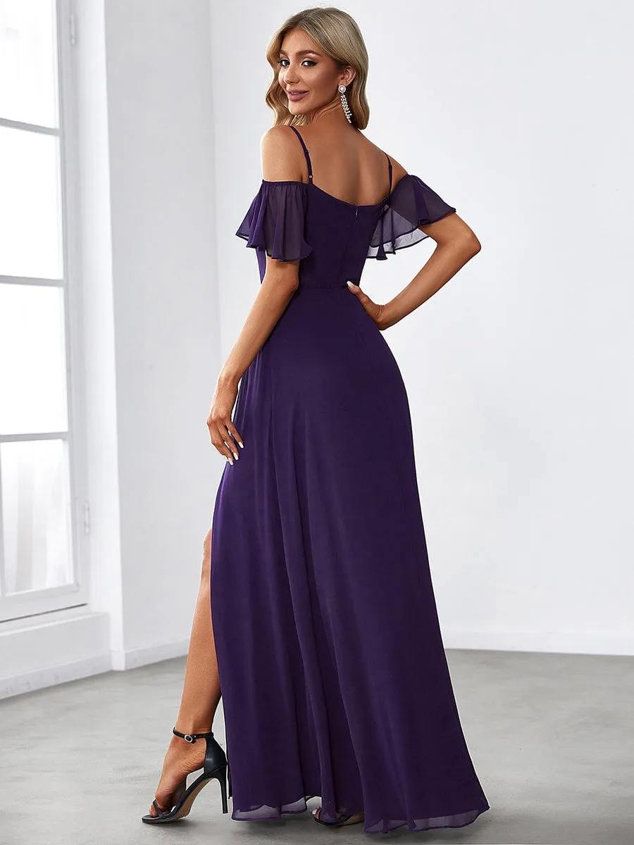 Cold Shoulder High Slit Chiffon Wedding Guest Dress