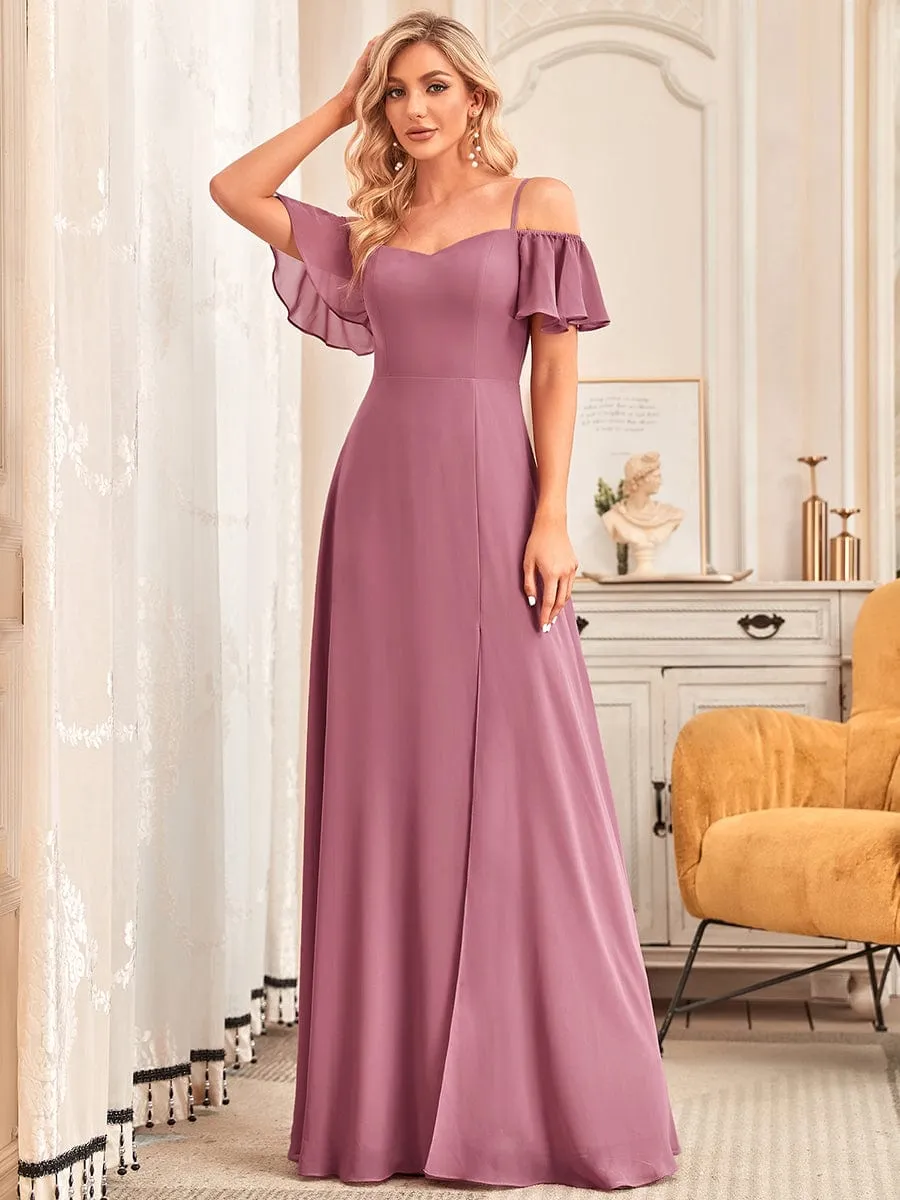 Cold Shoulder High Slit Chiffon Wedding Guest Dress