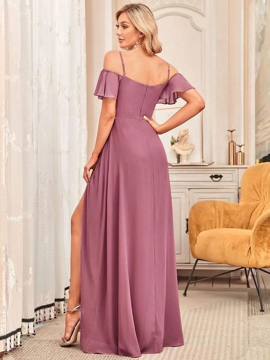 Cold Shoulder High Slit Chiffon Wedding Guest Dress