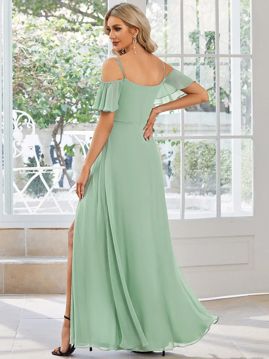 Cold Shoulder High Slit Chiffon Wedding Guest Dress