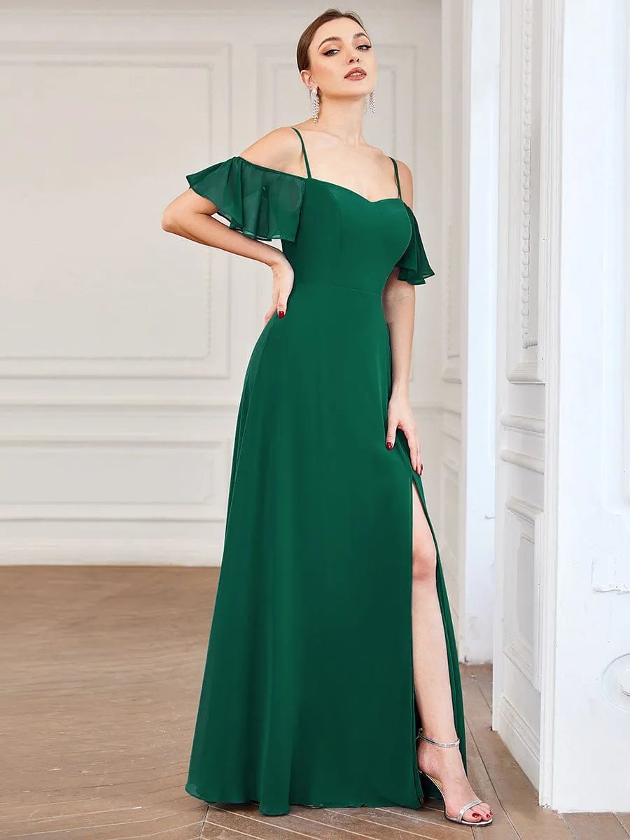 Cold Shoulder High Slit Chiffon Wedding Guest Dress