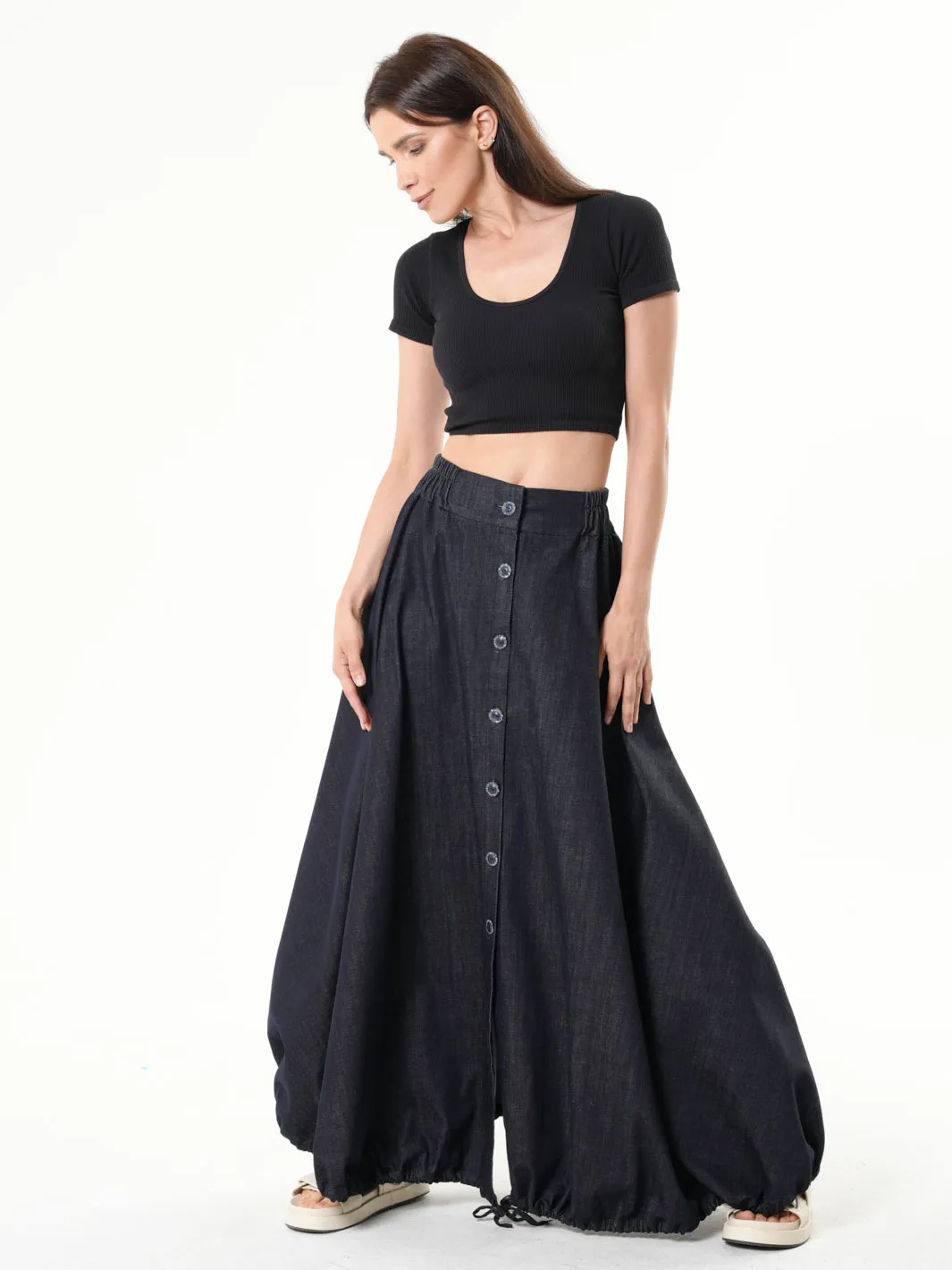 Dark Denim Skirt With Linen