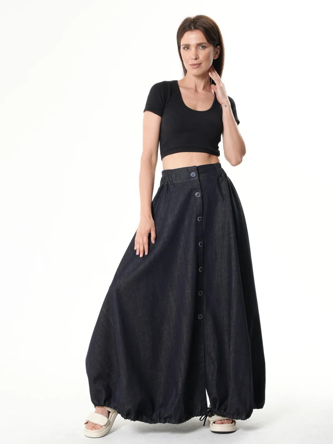 Dark Denim Skirt With Linen