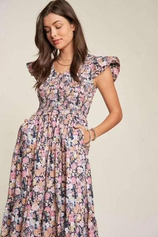 Davi & Dani Vintage Garden Floral Flutter Smocking Midi Dress