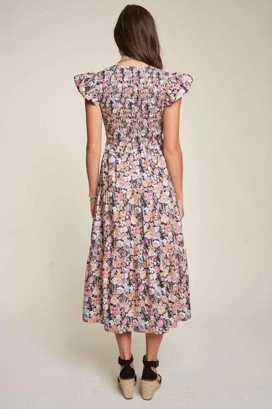 Davi & Dani Vintage Garden Floral Flutter Smocking Midi Dress