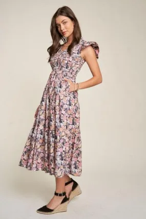 Davi & Dani Vintage Garden Floral Flutter Smocking Midi Dress