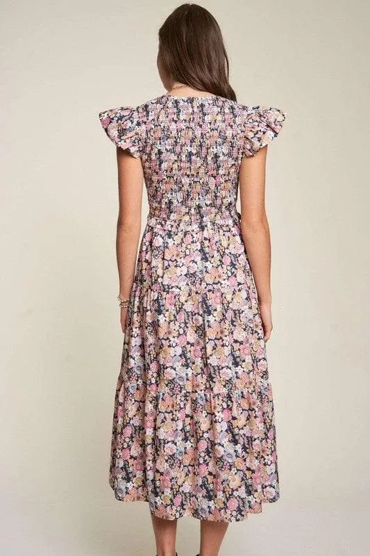 Davi & Dani Vintage Garden Floral Flutter Smocking Midi Dress