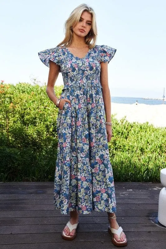 Davi & Dani Vintage Garden Floral Flutter Smocking Midi Dress