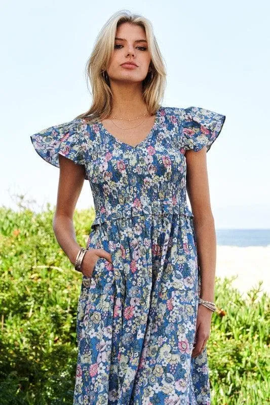 Davi & Dani Vintage Garden Floral Flutter Smocking Midi Dress