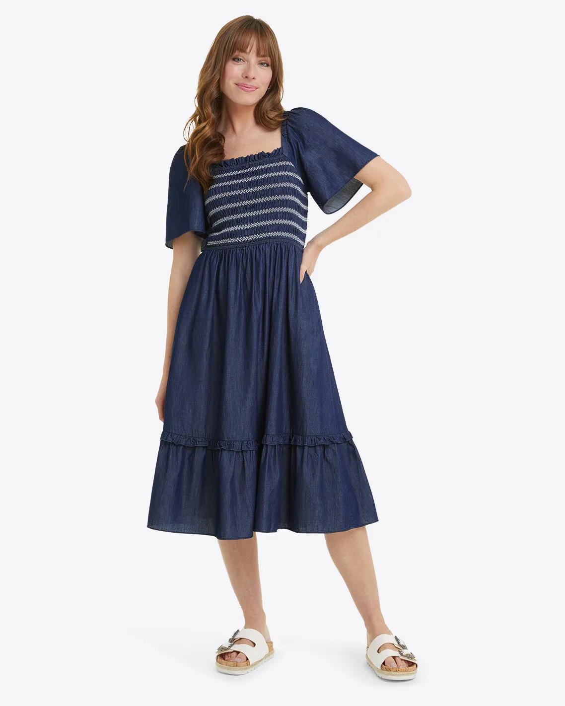 Deana Smocked Dress in Dark Wash