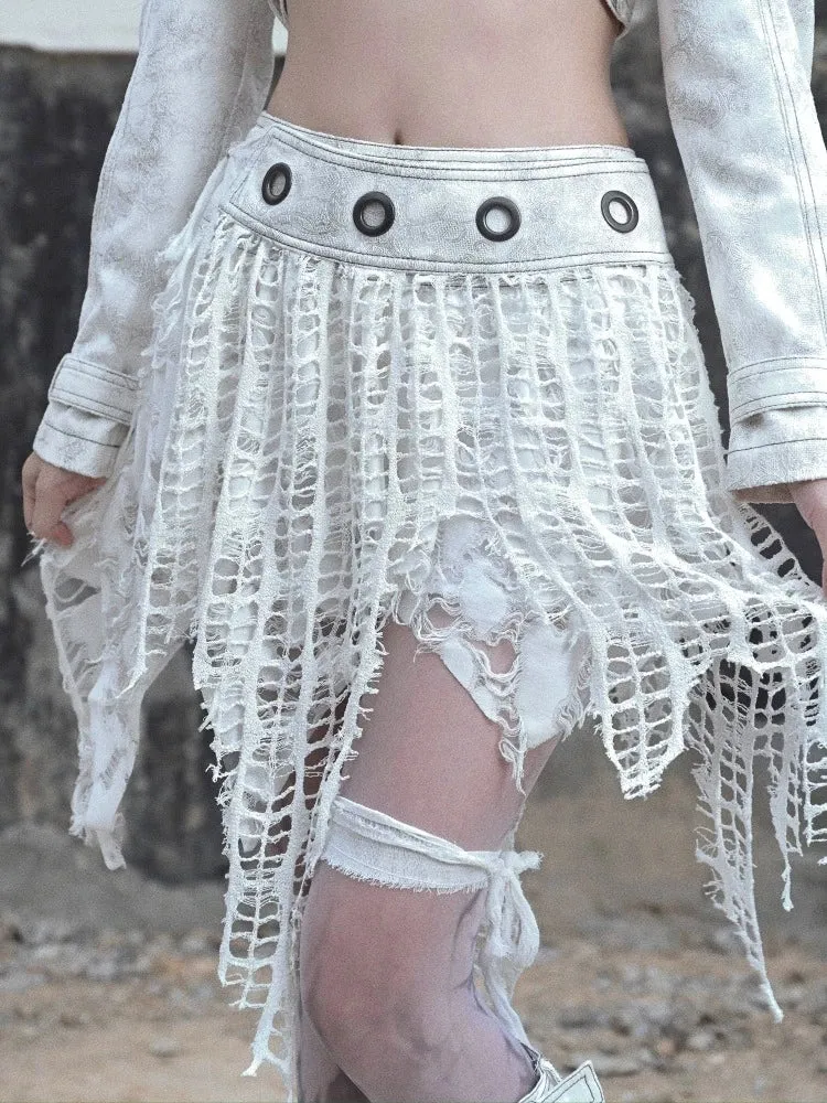 Distressed Net Grommet Mini Skirt