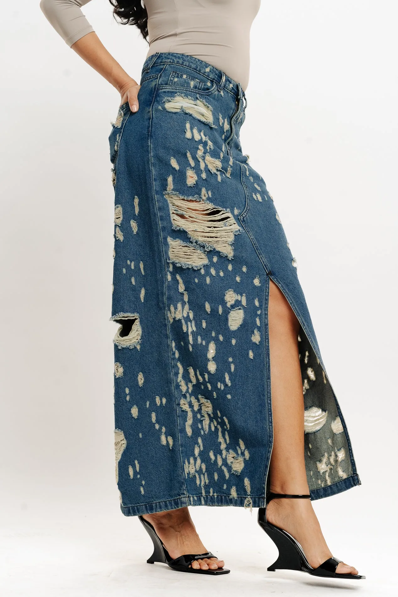 Distressed Tinted Front Slit Denim Skirt