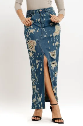 Distressed Tinted Front Slit Denim Skirt