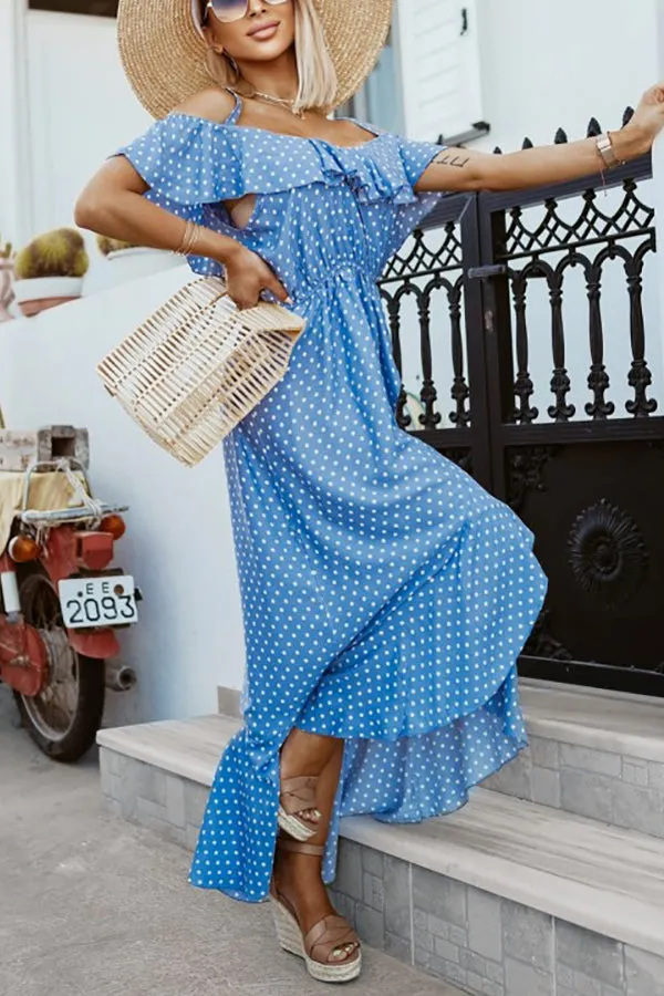 Dot Ruffles Off Shoulder Irregularity Maxi Dress