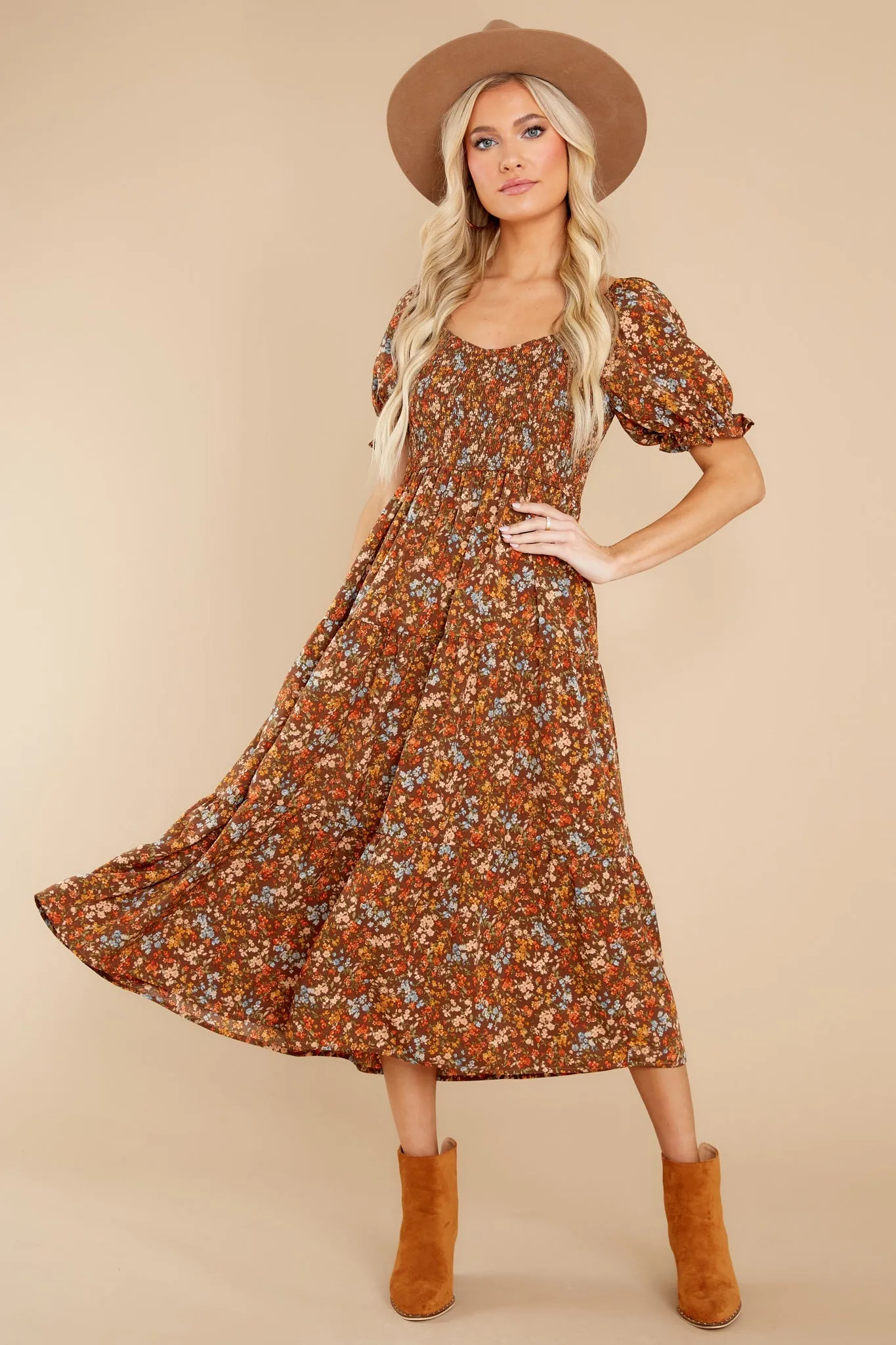 Easy To Love Brown Floral Midi Dress