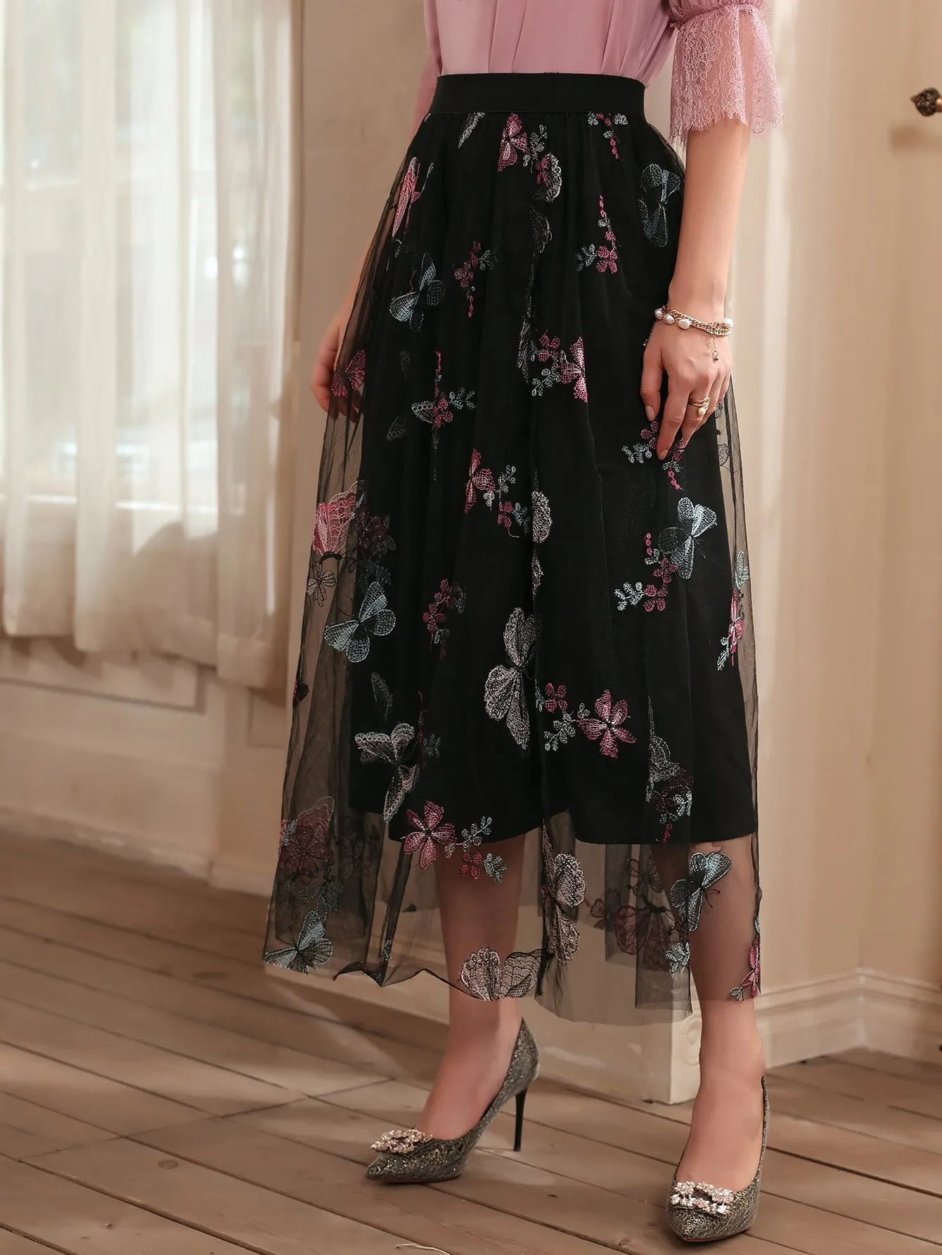 Elegant Animal Embroidery High Waist Long Women Skirt