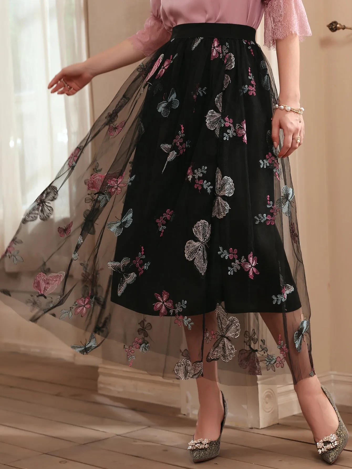 Elegant Animal Embroidery High Waist Long Women Skirt