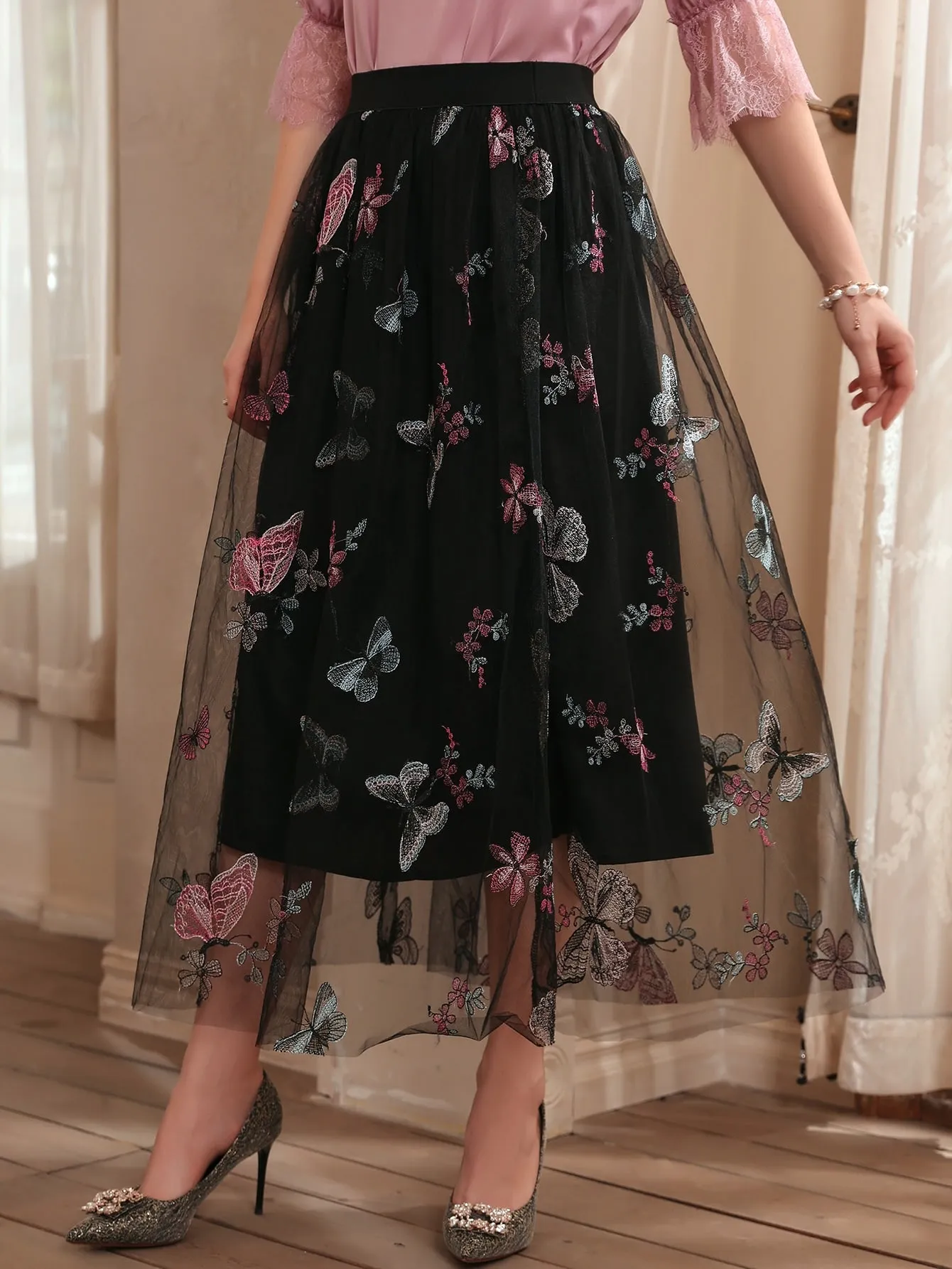 Elegant Animal Embroidery High Waist Long Women Skirt