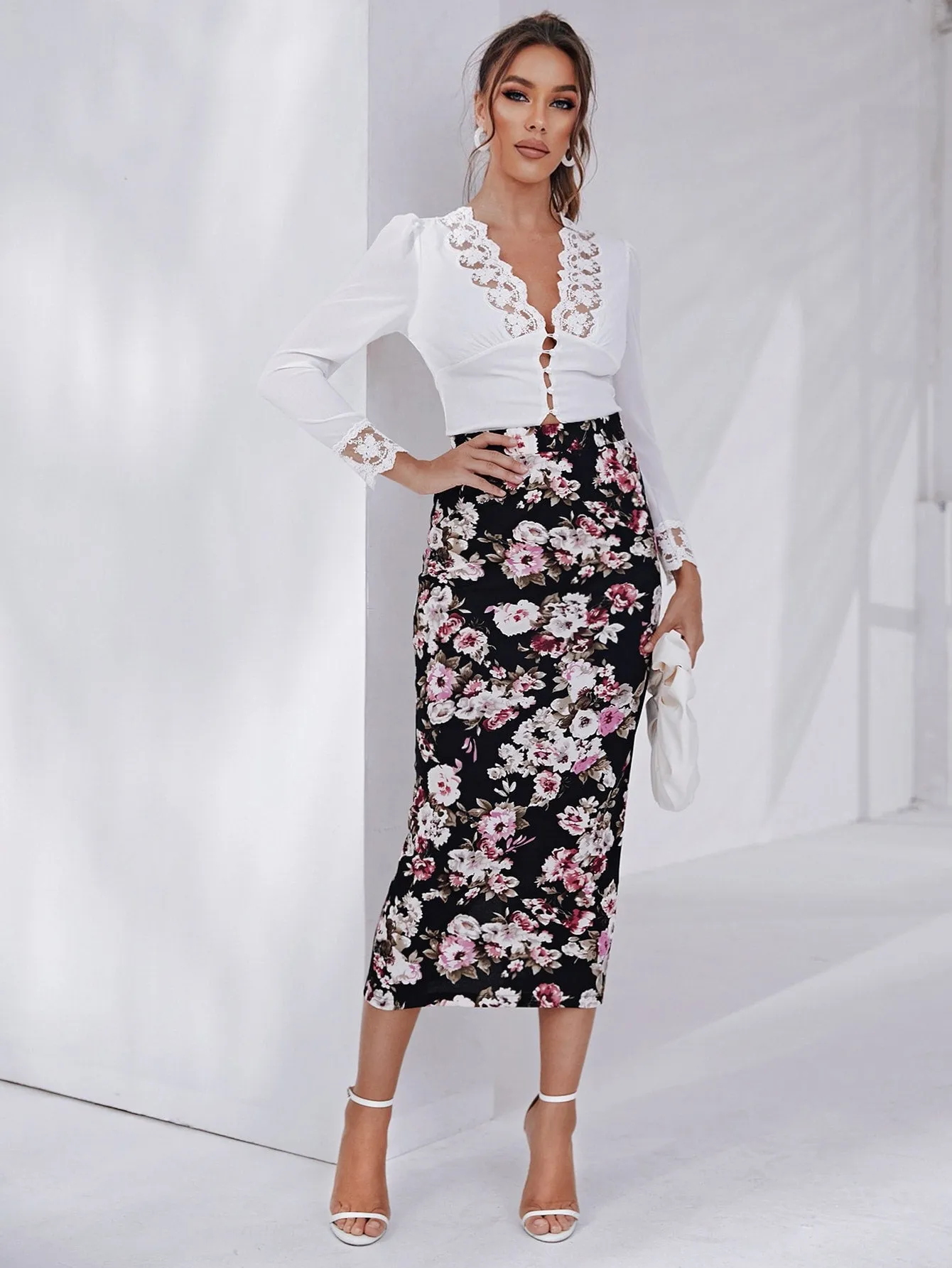 Elegant Floral High Waist Long Women Skirt