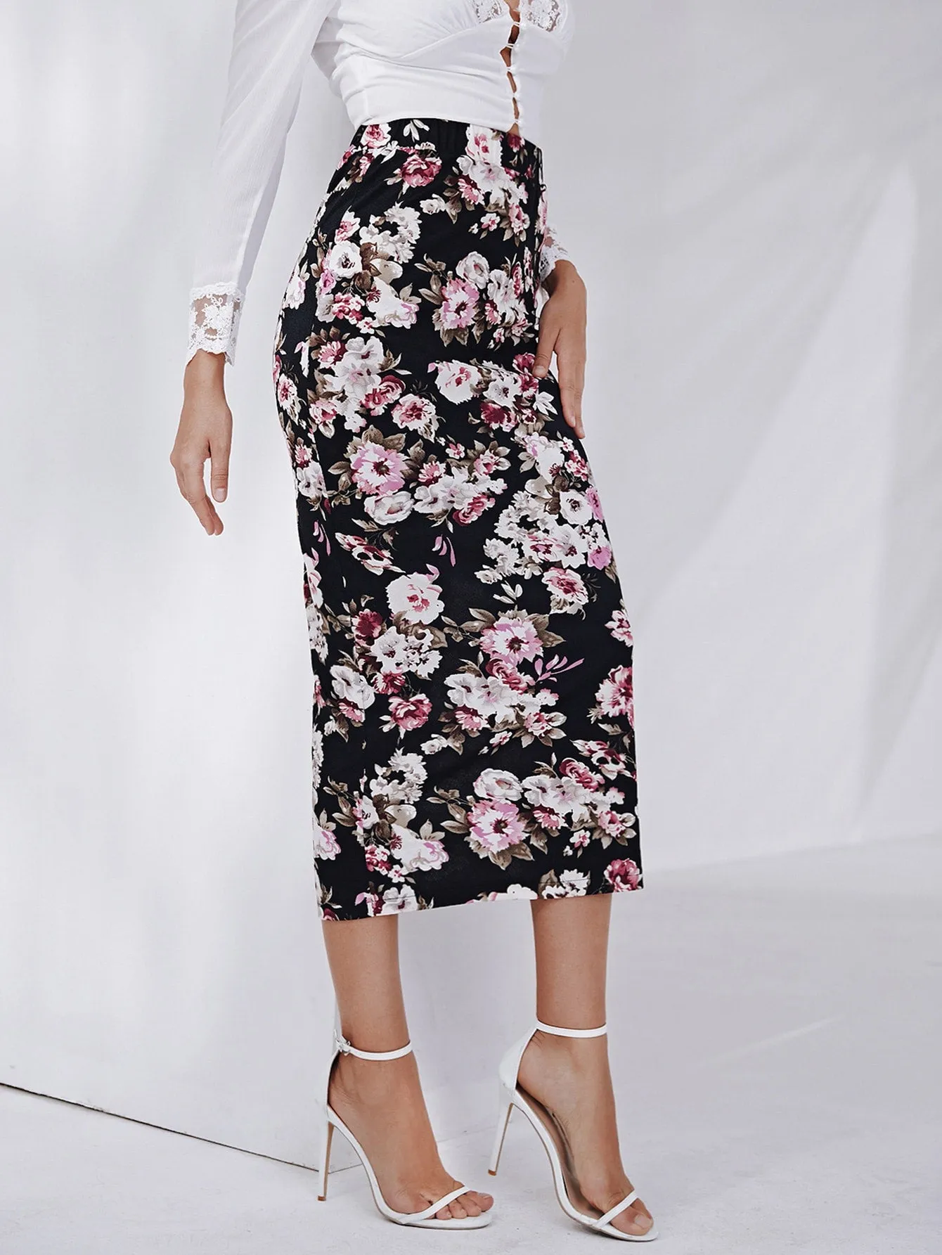 Elegant Floral High Waist Long Women Skirt