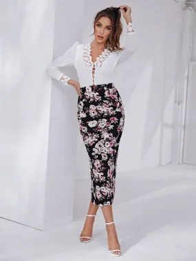 Elegant Floral High Waist Long Women Skirt