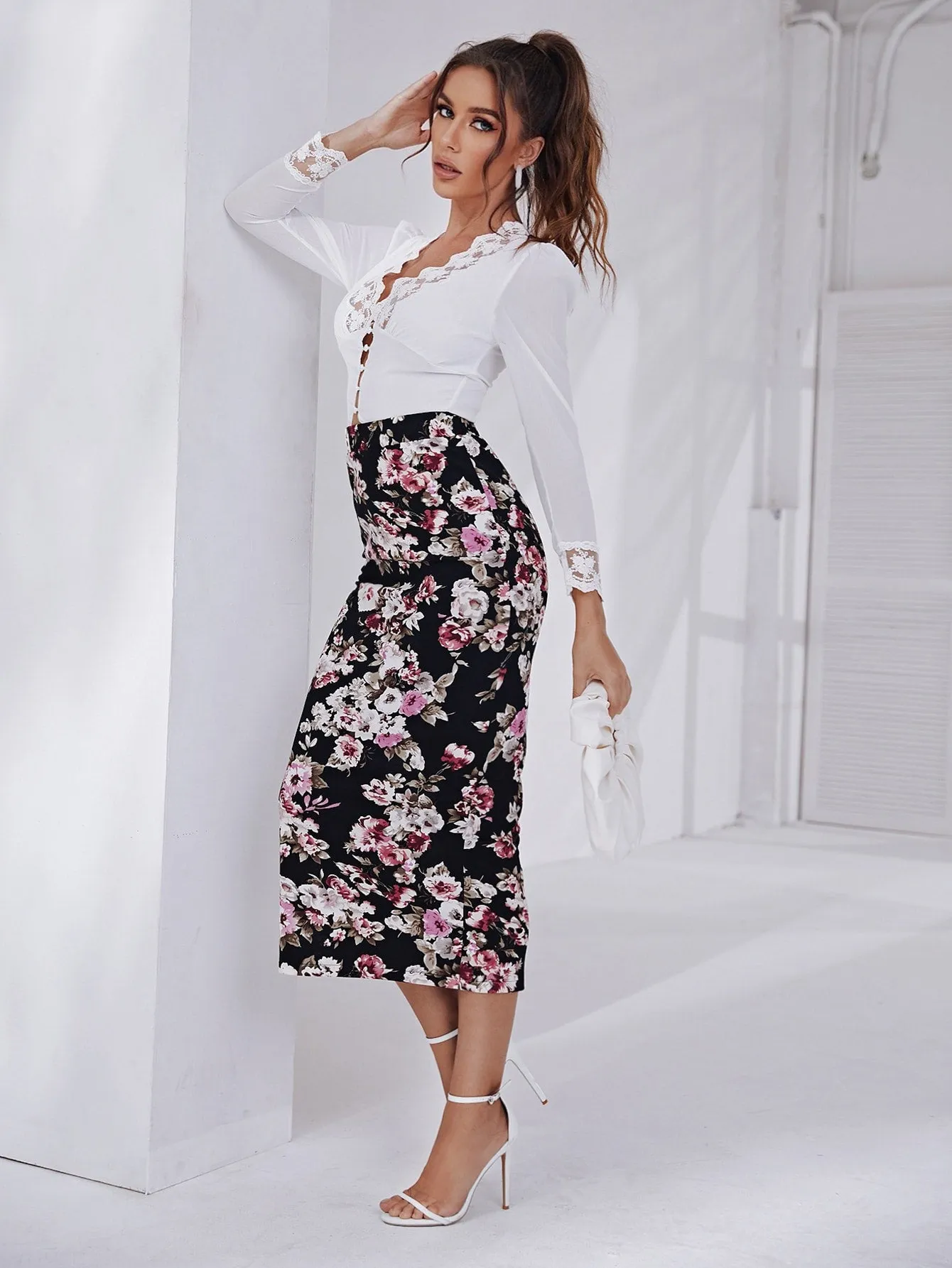 Elegant Floral High Waist Long Women Skirt