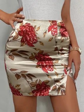 Elegant Floral Split High Waist Mini Women Skirt