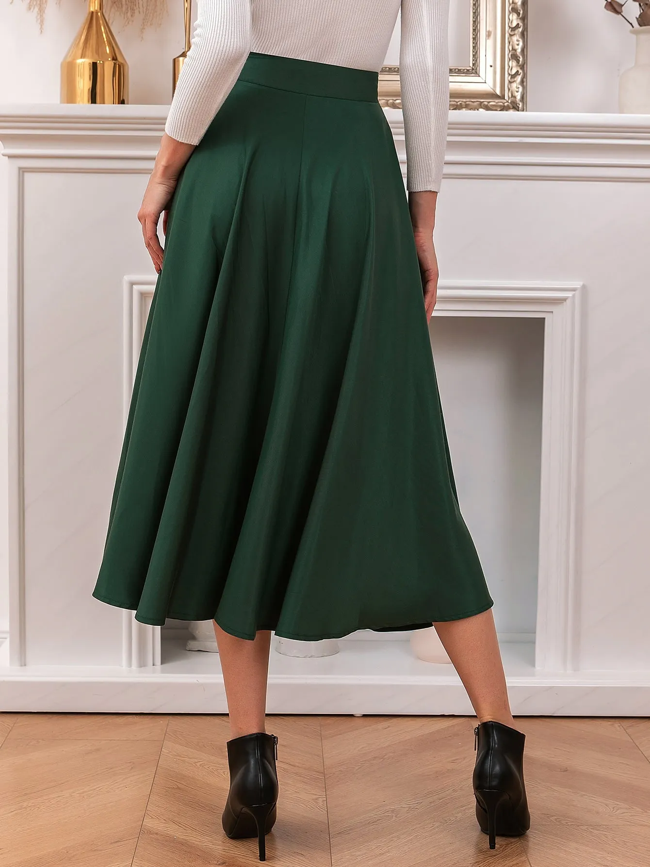 Elegant Plain Belted High Waist Midi Women Skirts