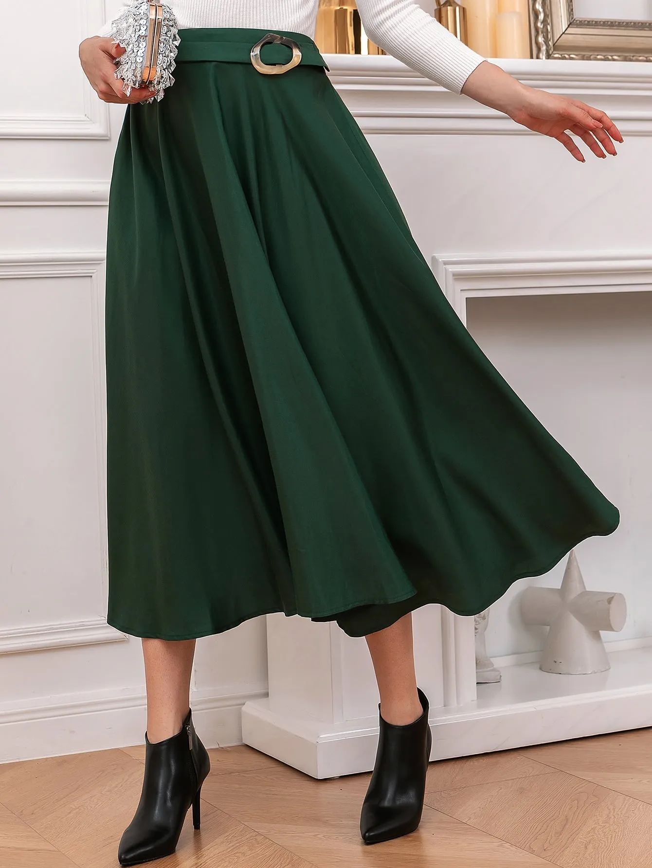 Elegant Plain Belted High Waist Midi Women Skirts