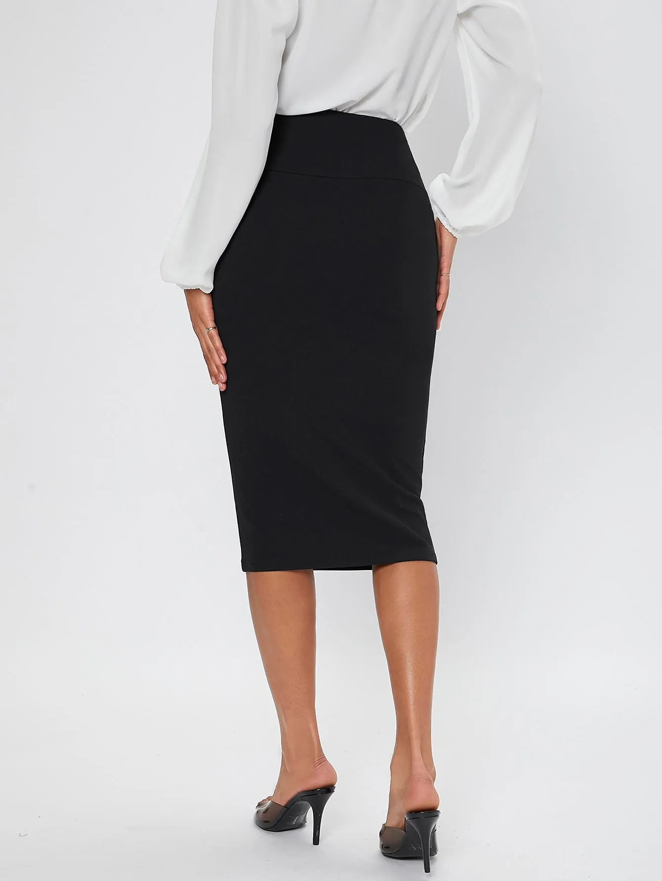 Elegant Plain High Waist Knee Length Women Skirt