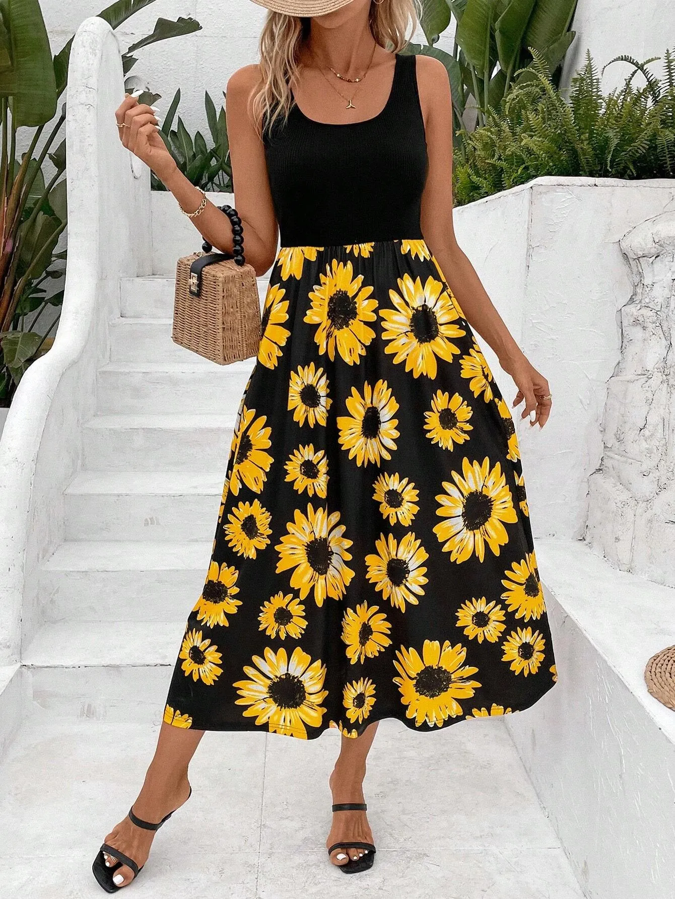 Elegant Stitching Sunflower Print Skirt