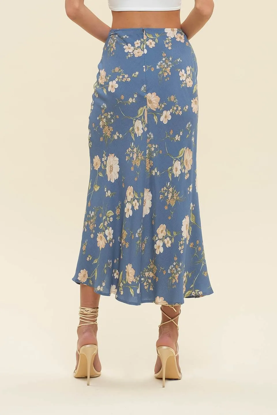 Floral High Waist Side Slit Bias Midi Skirt