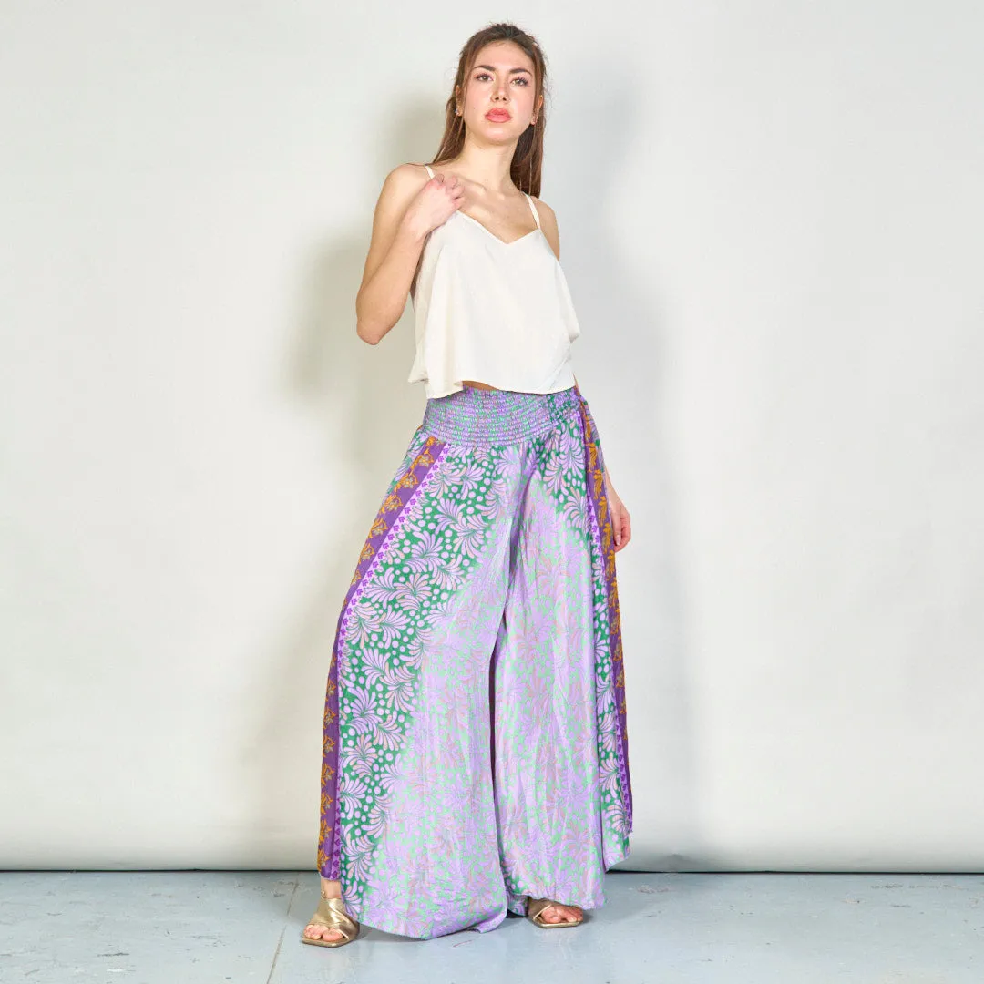 Floral patchwork smocked wide-leg trousers wholesale