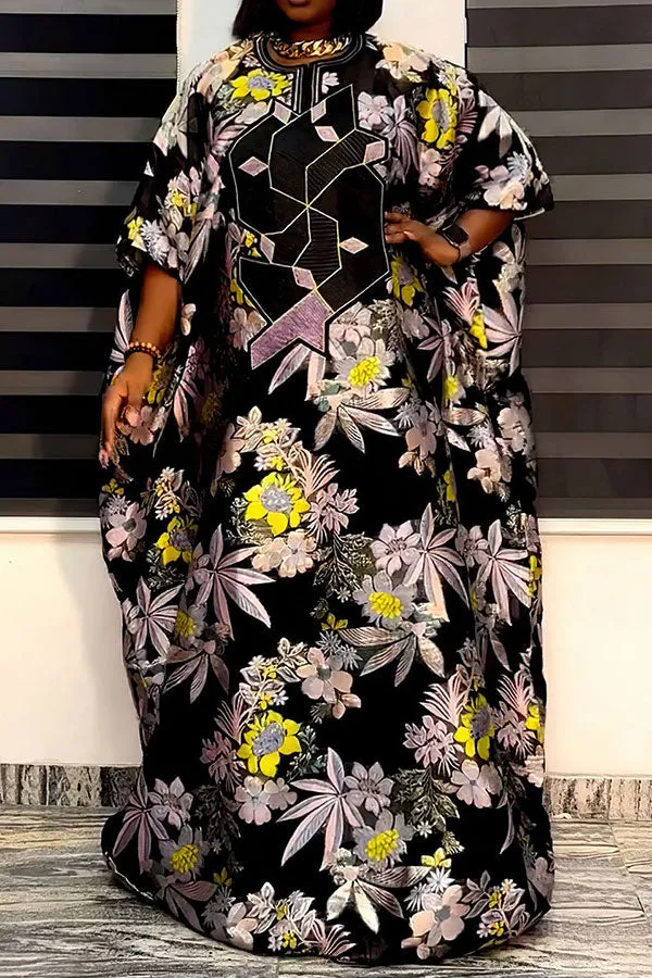 Floral Print Feminine Batwing Sleeve Flowy Maxi Dress