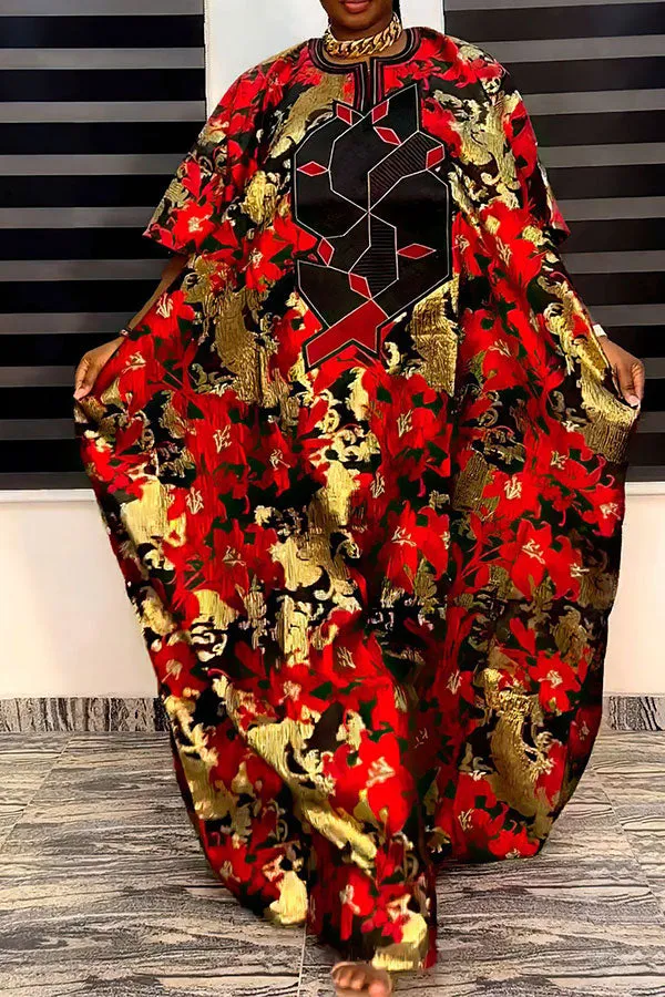 Floral Print Feminine Batwing Sleeve Flowy Maxi Dress