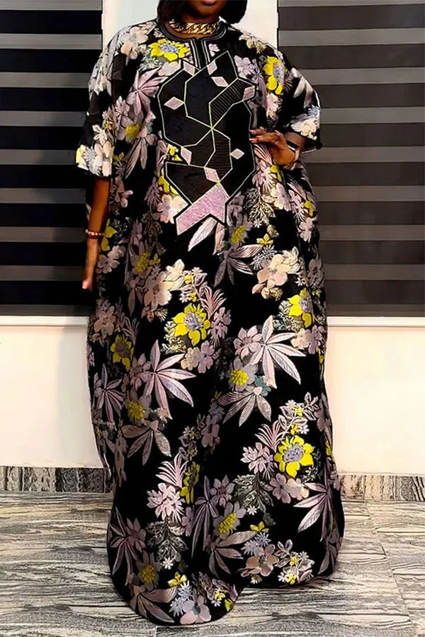 Floral Print Feminine Batwing Sleeve Flowy Maxi Dress