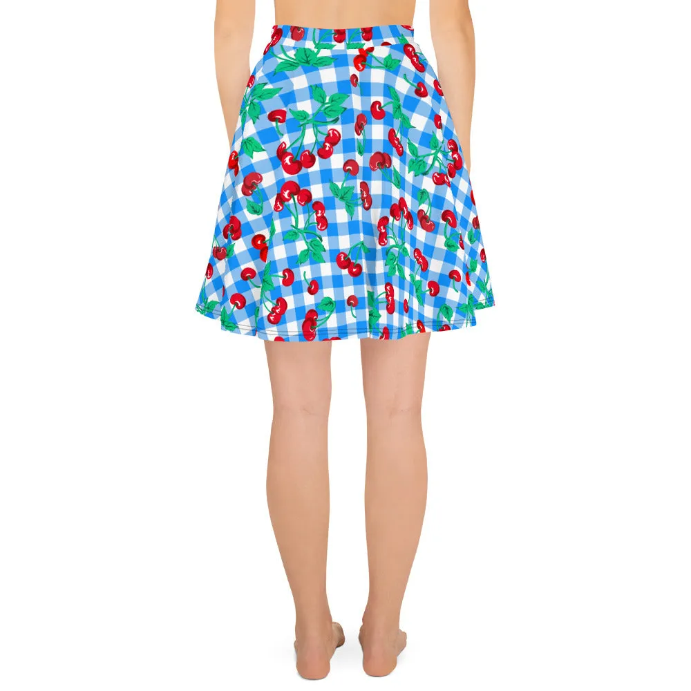 Frenchie Beach Coverup Swim Skater Skirt in Blue Gingham Cherry Girl | Pinup Couture Swim