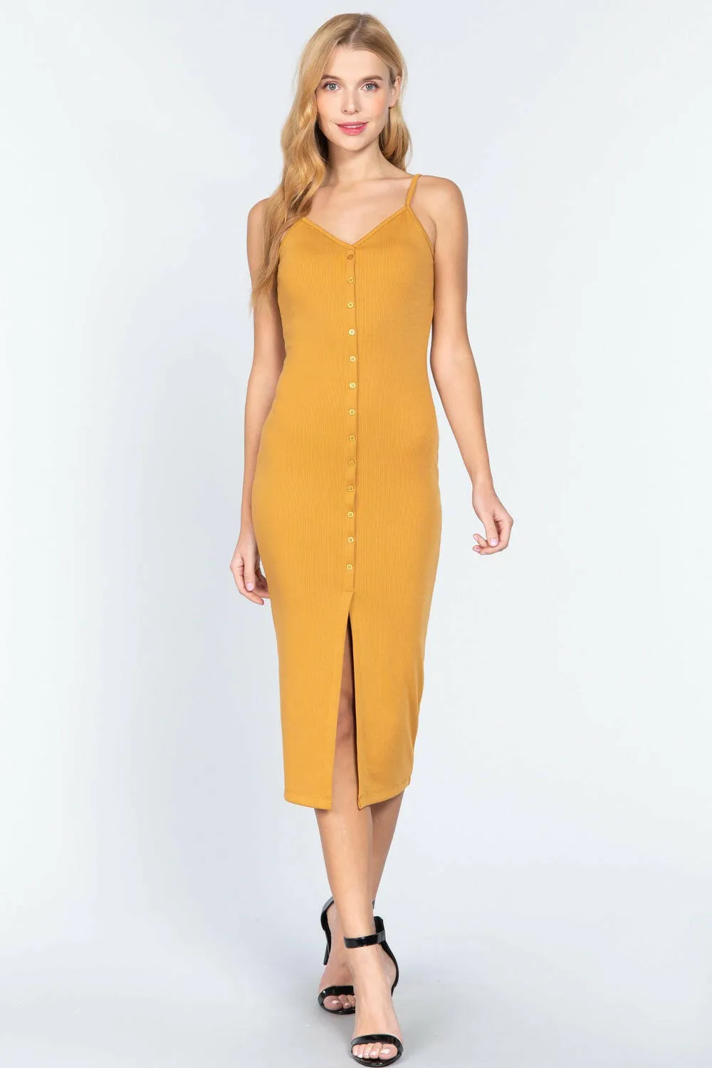 Fron Button Slit Rib Cami Midi Dress