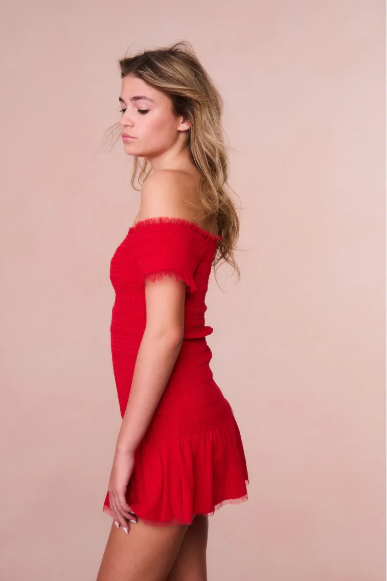 Girls Mosa Off-The-Shoulder Mini Dress - CRIMSON RED